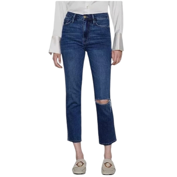 Frame Denim Women's Le Sylvie Crop High Rise Straight Leg Jeans Sz 26 Distressed - Picture 2 of 14